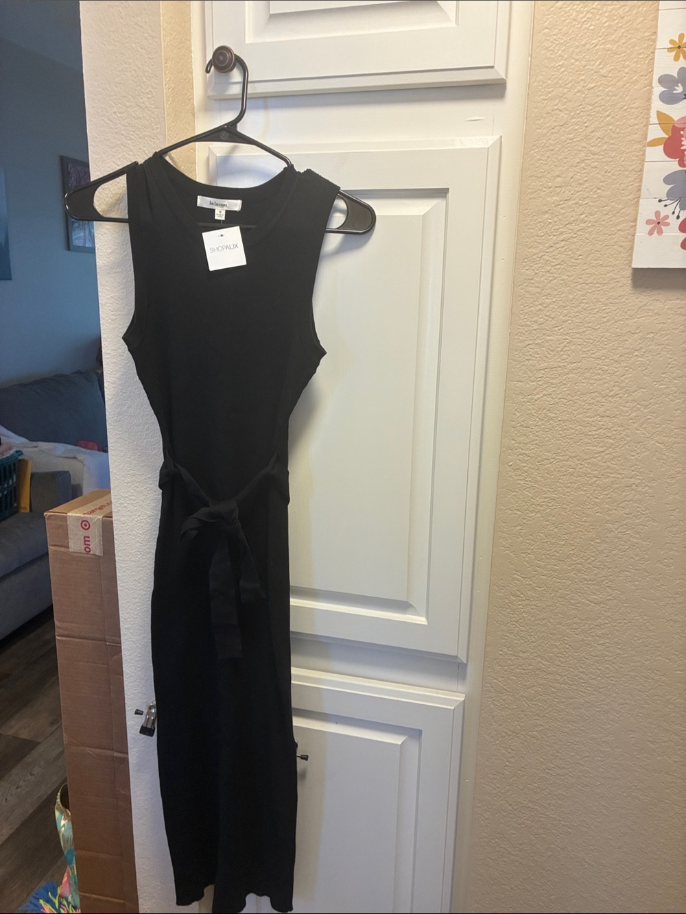 Lalavon Sleeveless Black ribbed Tie-Waist Midi Dress NWT